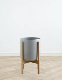 Ceramic Planter Pot + Teak Stand By LBE Design -MIUBOW Furniture Shop LBEDesignCeramicPlanterWTeakStand 10in Grey 10473