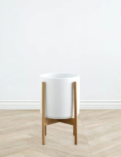 Ceramic Planter Pot + Teak Stand By LBE Design -MIUBOW Furniture Shop LBEDesignCeramicPlanterWTeakStand 10in White 10467