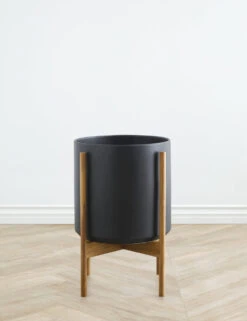 Ceramic Planter Pot + Teak Stand By LBE Design -MIUBOW Furniture Shop LBEDesignCeramicPlanterWTeakStand 12in Black 10434