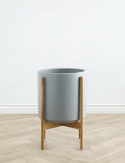 Ceramic Planter Pot + Teak Stand By LBE Design -MIUBOW Furniture Shop LBEDesignCeramicPlanterWTeakStand 12in Grey 10449