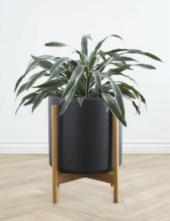 Ceramic Planter Pot + Teak Stand By LBE Design -MIUBOW Furniture Shop LBEDesignCeramicPlanterWTeakStand 14in Black 10417