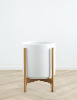 Ceramic Planter Pot + Teak Stand By LBE Design -MIUBOW Furniture Shop LBEDesignCeramicPlanterWTeakStand 14in White 10424